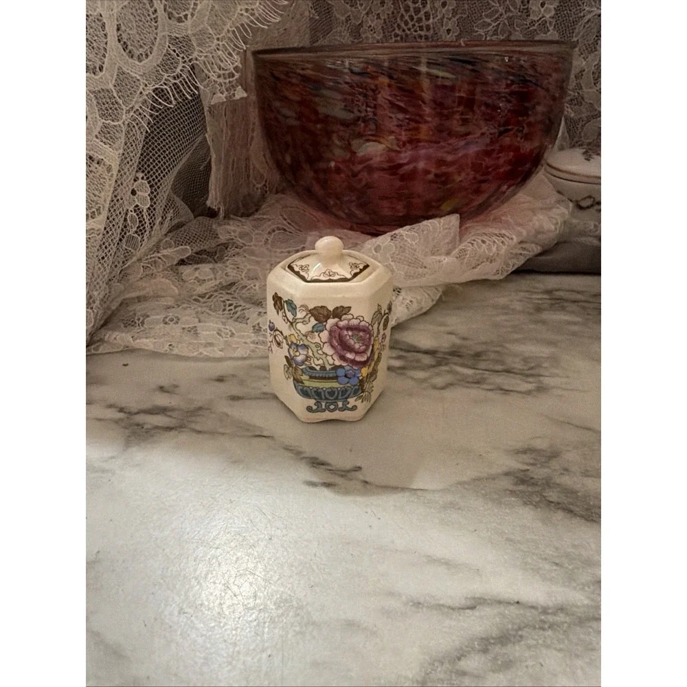 Mason's Ironstone Hexagon Flowered Trinket Box & Lid Jar Transfer Ware (A3216)